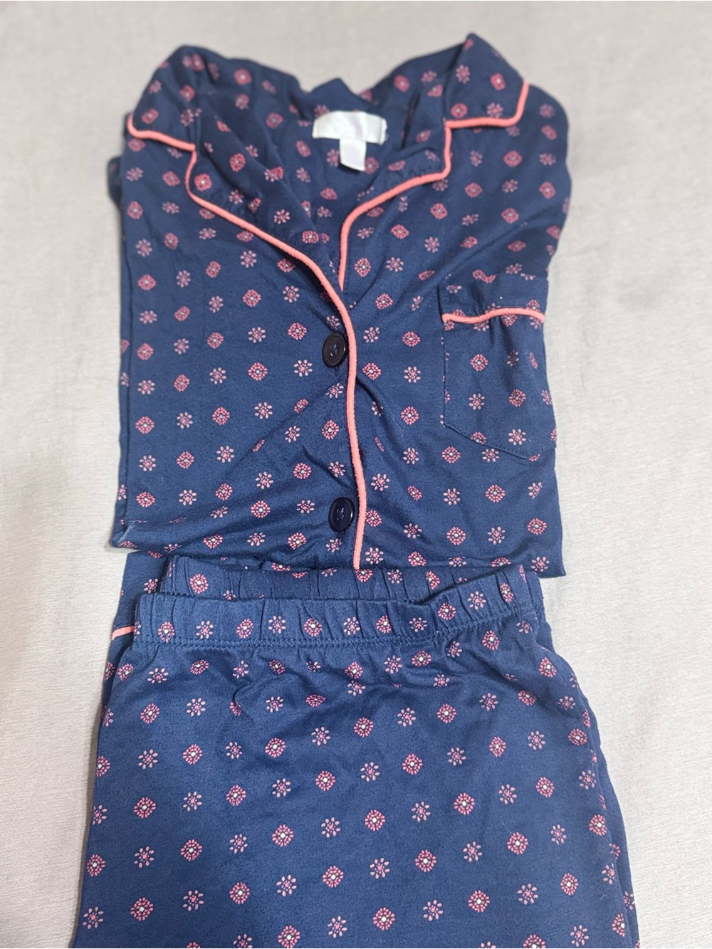 Navy and Pink Printed Pajama Set - Classic Button-Front